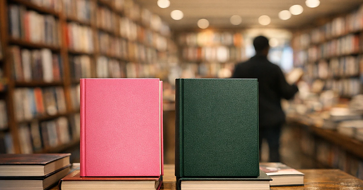 Two hardcover books displayed side-by-side on wooden table in bookstore with shelves in background