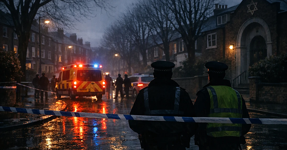 Police officers as silhouettes on a cordoned London street at dusk with emergency vehicle lights reflecting on wet pavement