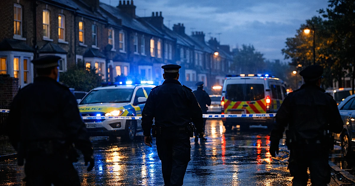 Police vehicles with emergency lights on a wet residential street at dusk in north London