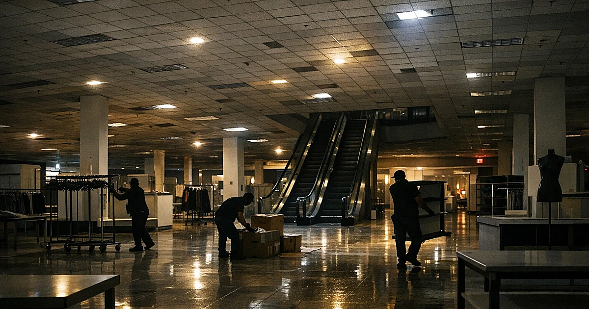 Empty department store interior with workers dismantling displays under flickering overhead lights at dusk