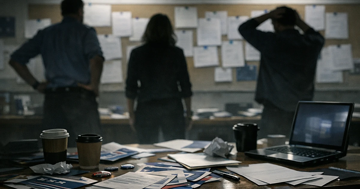 Campaign office interior with silhouetted staffers and scattered materials on table in dim fluorescent lighting