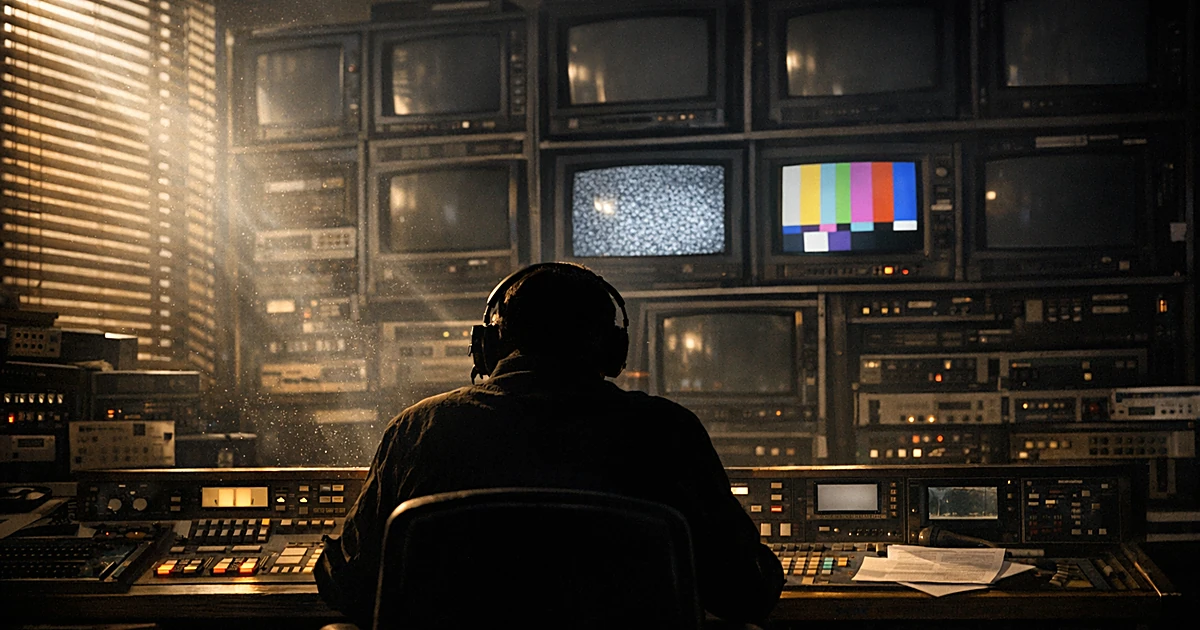 Television studio control room with vintage monitors, most powered off, silhouetted operator at desk