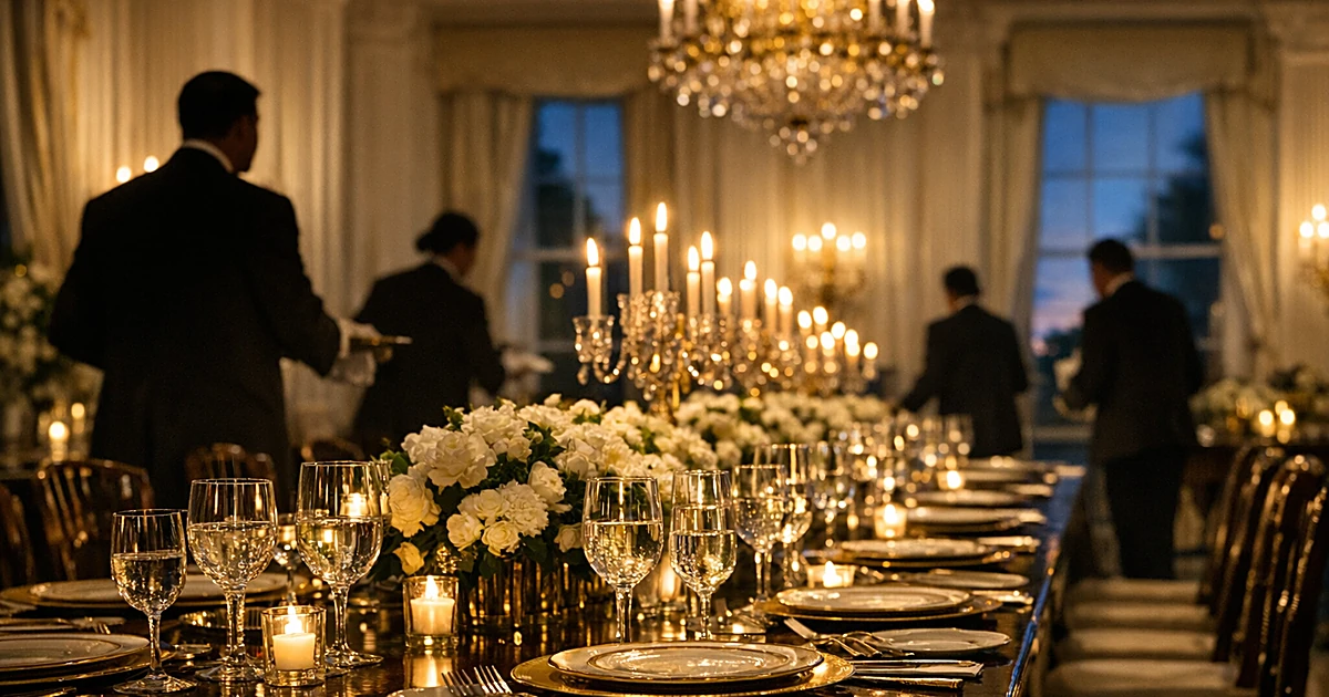 Formal state dinner table set with crystal and china as staff silhouettes prepare in background
