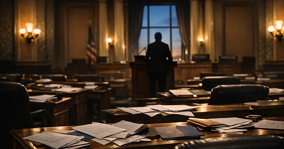 State legislative chamber interior with scattered documents on desks and silhouetted figure at distant podium