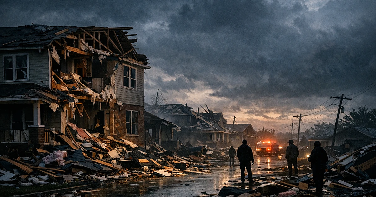 Tornado-damaged house with torn roof and debris scattered across residential street under dark storm clouds