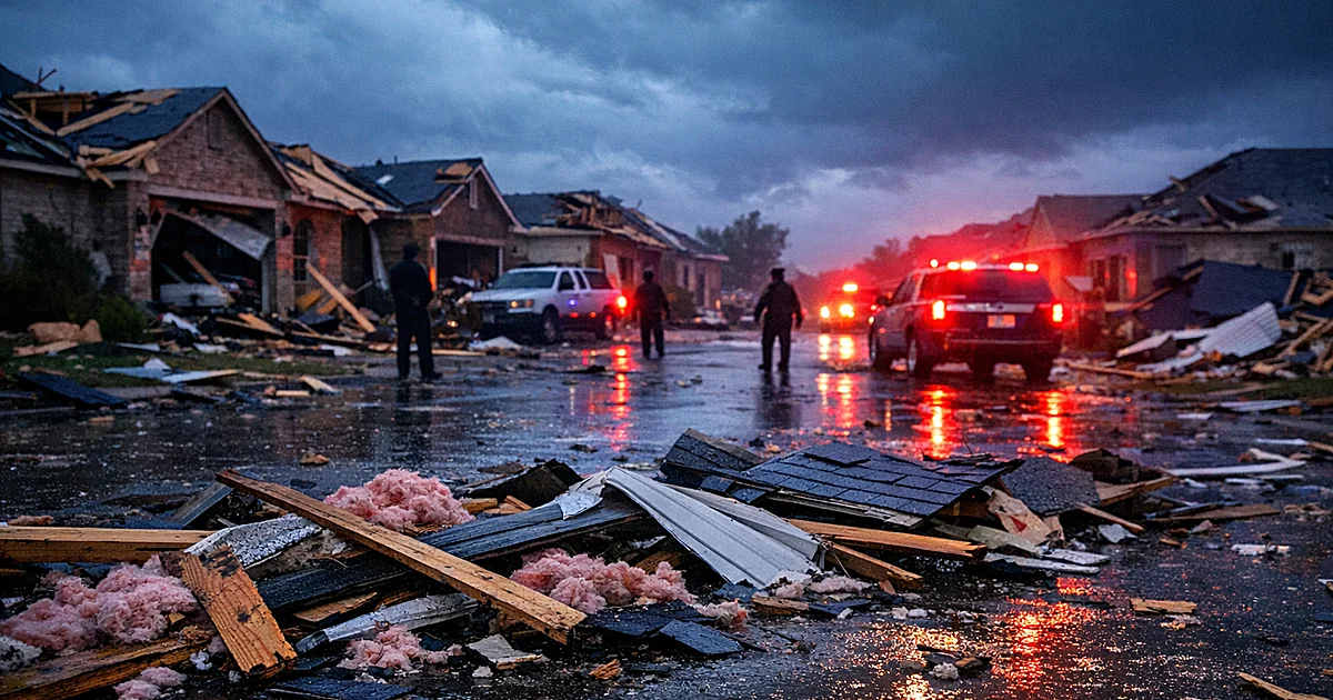 Storm debris scattered across residential street with emergency lights illuminating damaged homes at dusk
