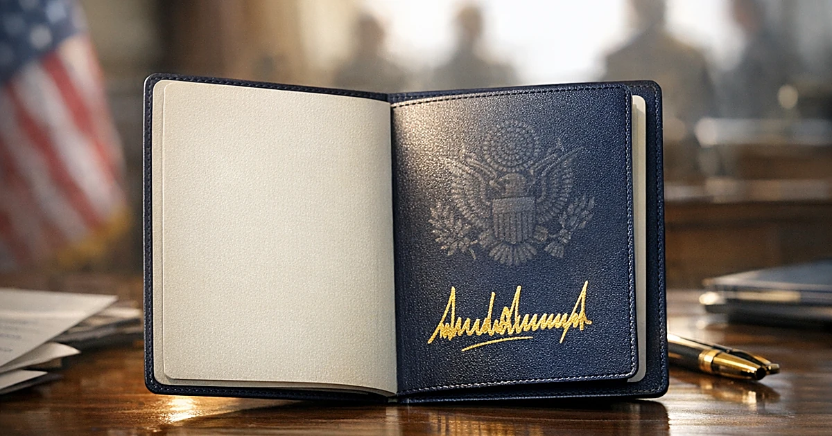 Open American passport on wooden desk with warm natural lighting and shallow depth of field