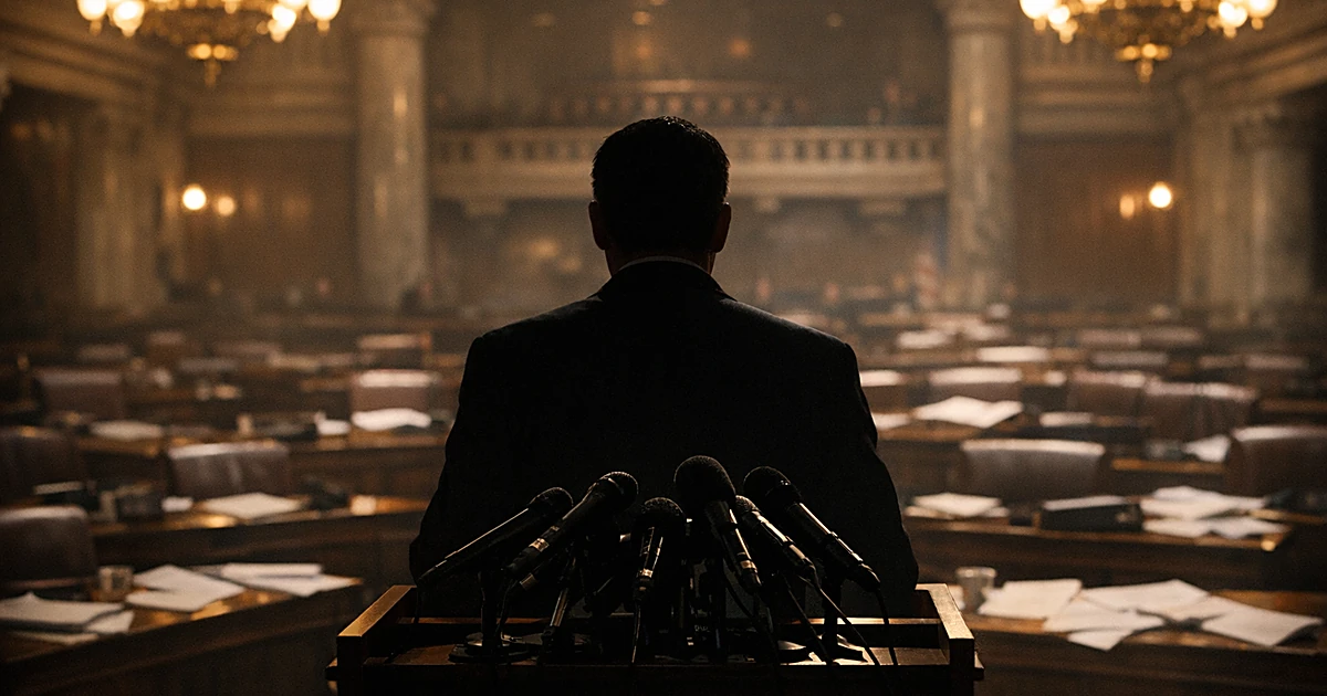 Silhouetted figure at podium with microphones facing empty legislative chamber with scattered papers