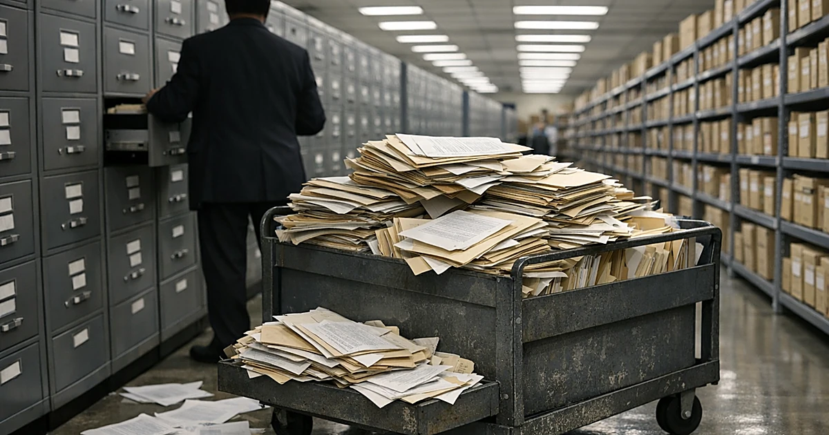 Government records facility with filing cabinets and cart of voter registration documents being reviewed