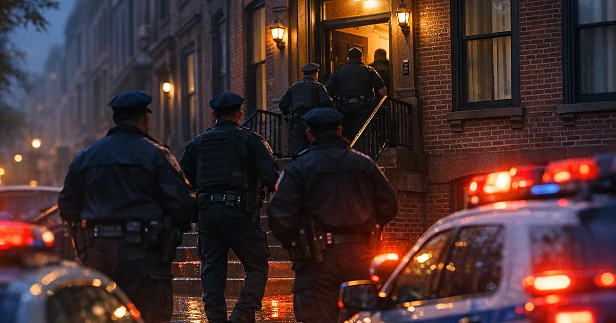 Police officers on brownstone steps during eviction enforcement at dusk with emergency lights illuminating street