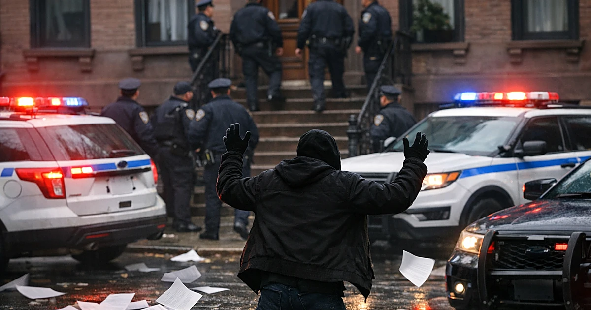 Police vehicles with flashing lights parked in front of Brooklyn brownstone during eviction enforcement
