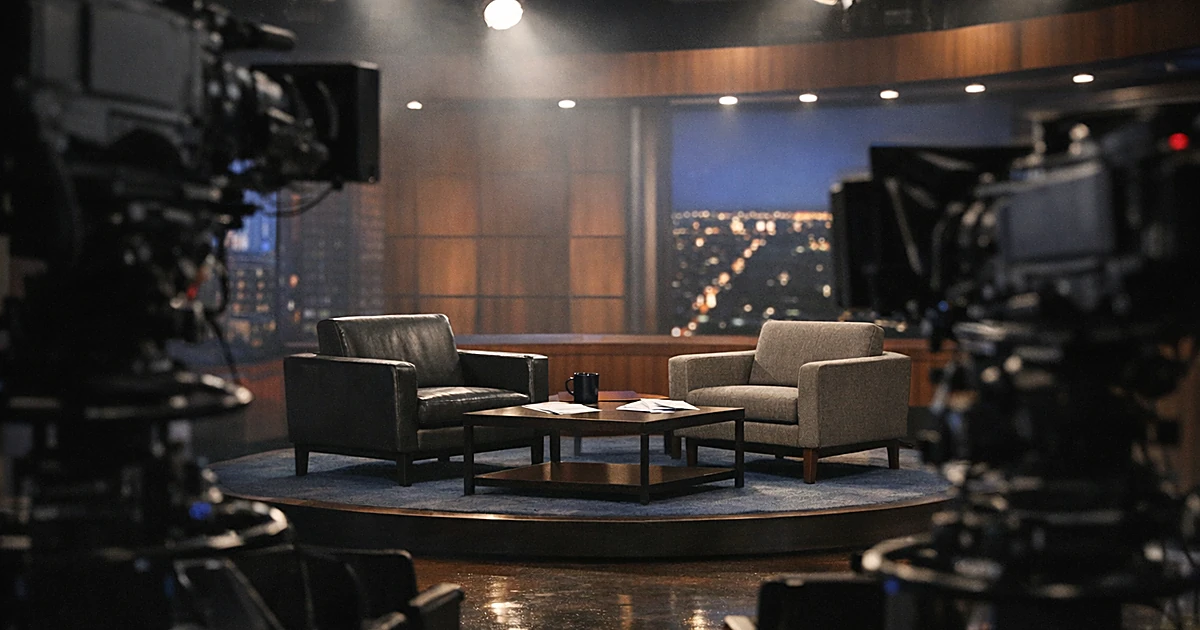 Empty late-night talk show set with two vacant chairs and studio cameras silhouetted in foreground