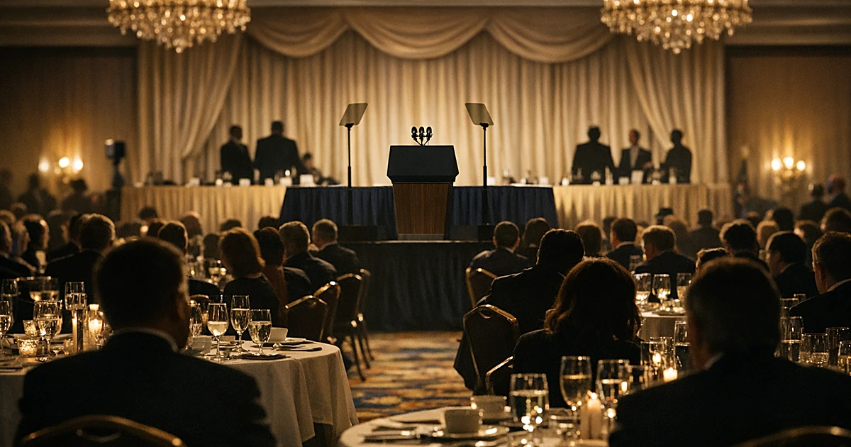 Empty formal ballroom with dinner tables facing podium and microphones on raised stage under chandelier lighting