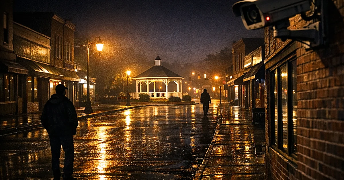 Empty small-town main street at night with gazebo and streetlamps reflecting on wet pavement