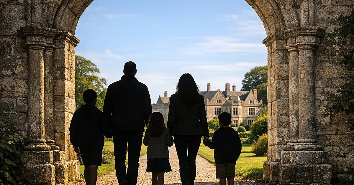 Stone archway entrance to British estate with gravel path and gardens in golden afternoon light
