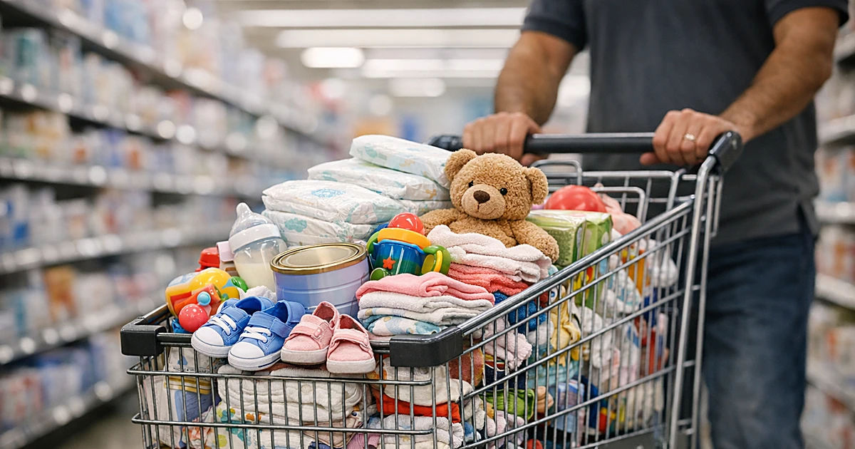 Shopping cart filled with baby supplies and children's items in a retail store aisle