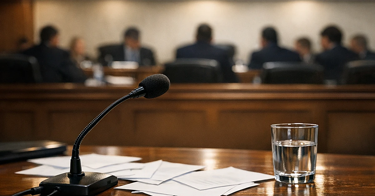 Congressional hearing room with microphone and papers on witness table, silhouetted figures in background