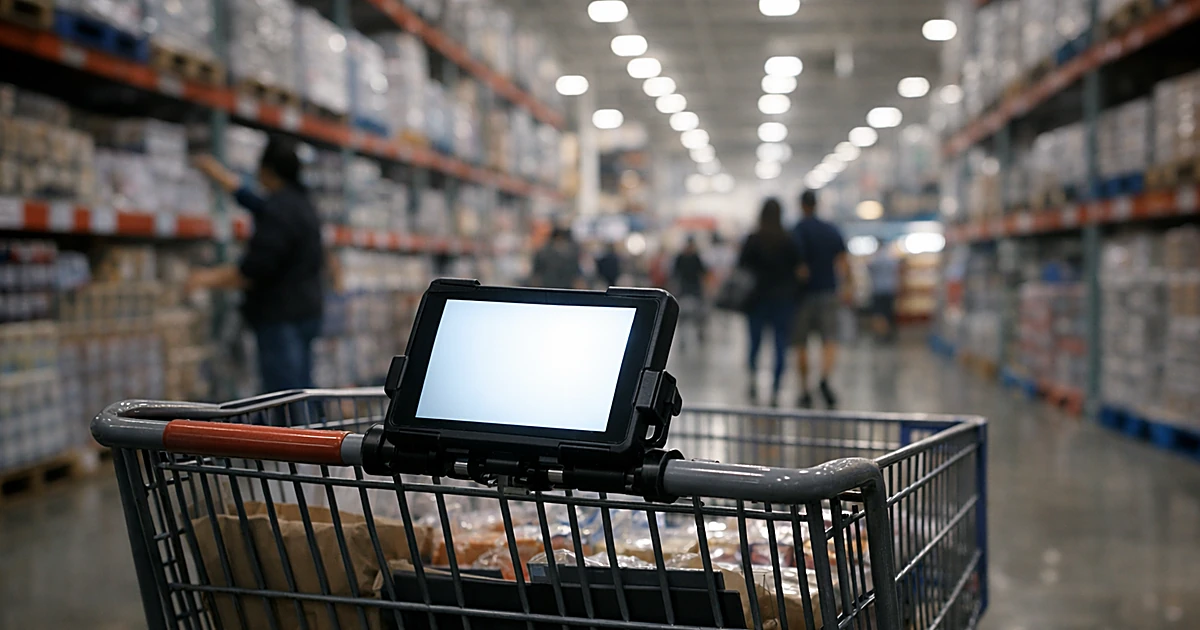 Shopping cart with mounted tablet in warehouse club store aisle under fluorescent lighting