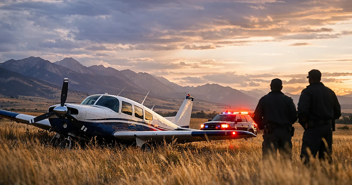 Small aircraft in Montana field with emergency vehicle lights in background at golden hour