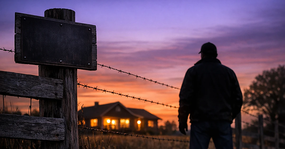 Residential property fence line at dusk with silhouetted figure standing at boundary, Tennessee home in background