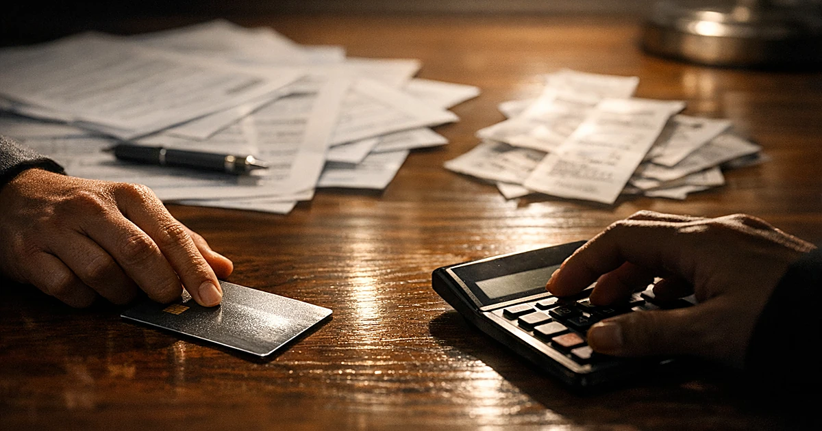 Hand sliding credit card across desk with tax documents and calculator during financial review