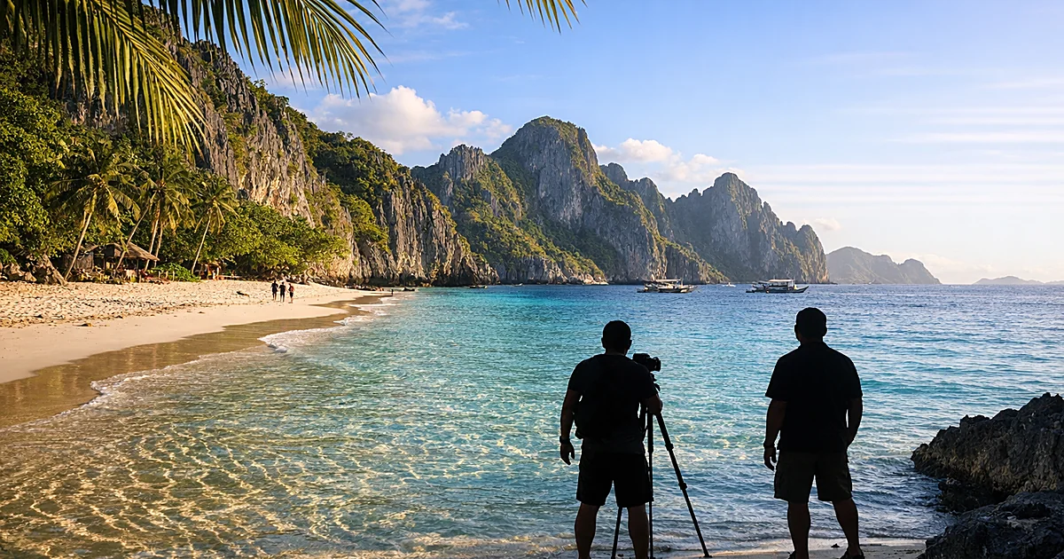 Pristine tropical beach with turquoise water, white sand, and limestone formations under golden hour light