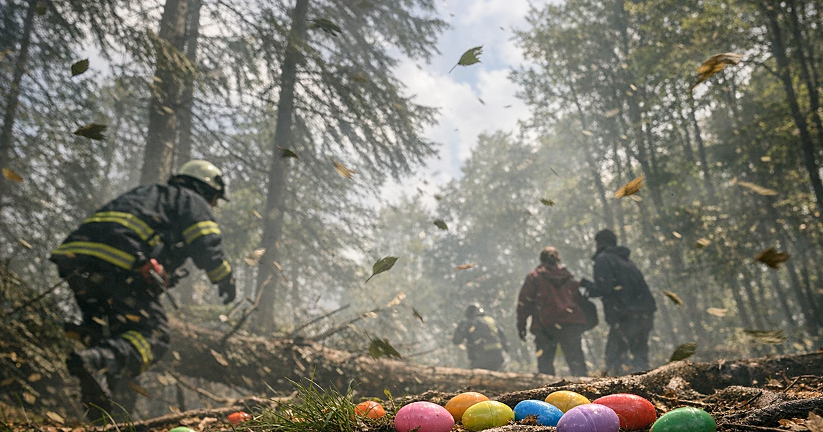 Forest clearing with scattered Easter eggs on ground beneath tall windswept trees during stormy weather