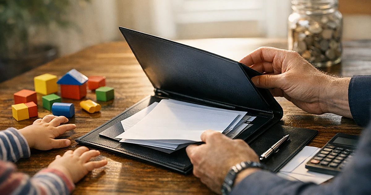 Parent opening investment documents at kitchen table with child's hands reaching for toys nearby in morning light