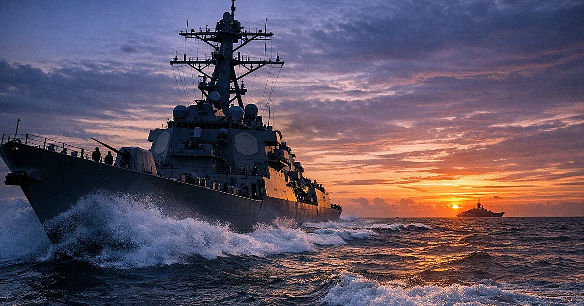 U.S. Navy destroyer moving through ocean waters at dusk with dramatic sky