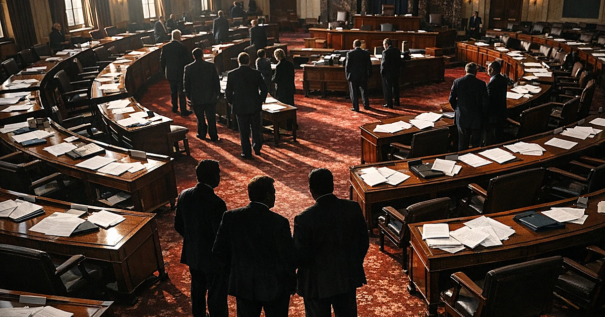 Interior of Senate chamber with scattered papers on desks and silhouetted figures in discussion