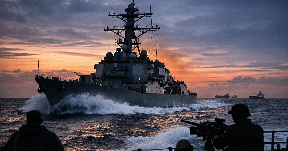 U.S. Navy destroyer moving through ocean waters at dusk with distant ships on horizon