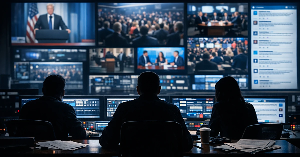 Broadcast control room with glowing monitors and silhouetted operators at desk, papers scattered across workspace