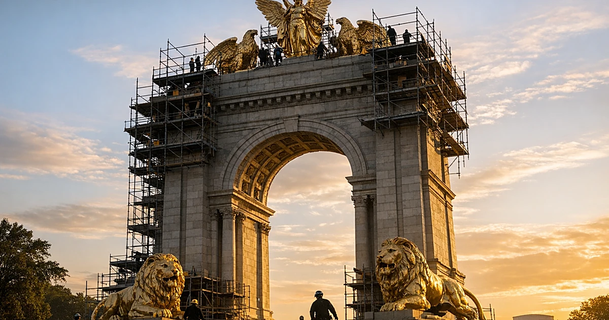 Massive triumphal arch under construction on National Mall with scaffolding and gilded elements at sunset