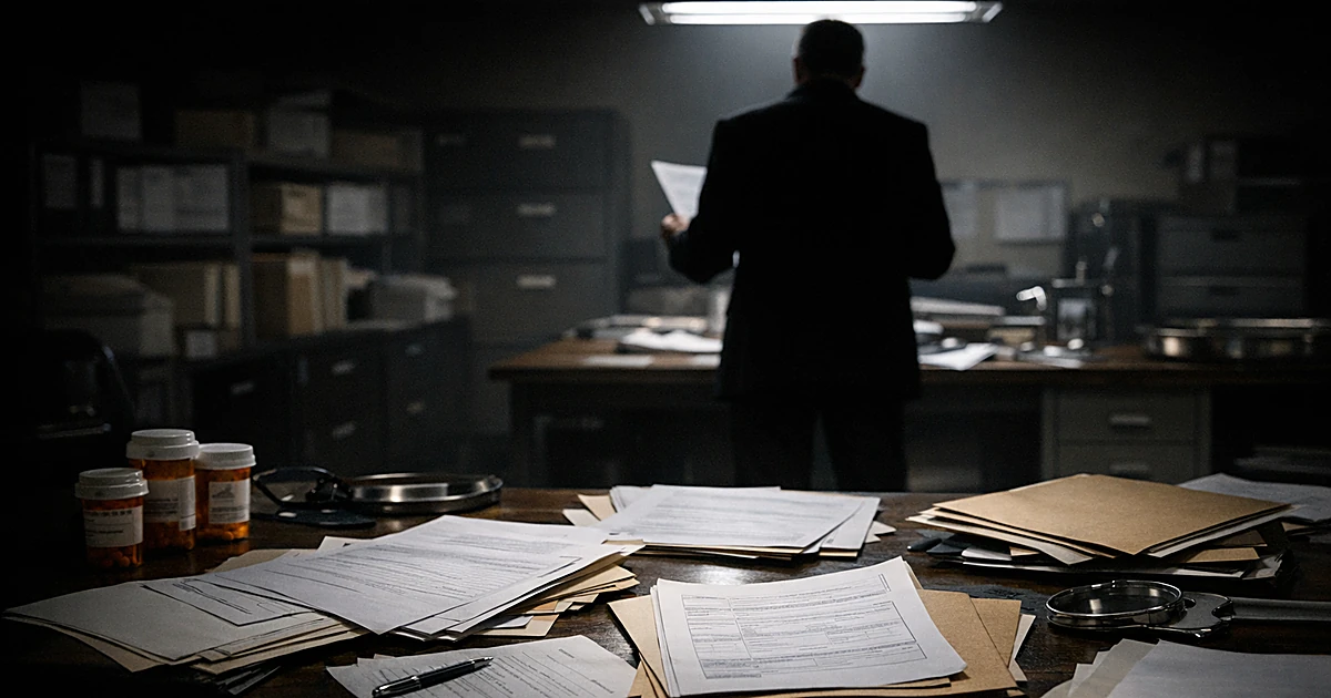 Medical examiner's office with scattered documents on desk and silhouetted official reviewing papers