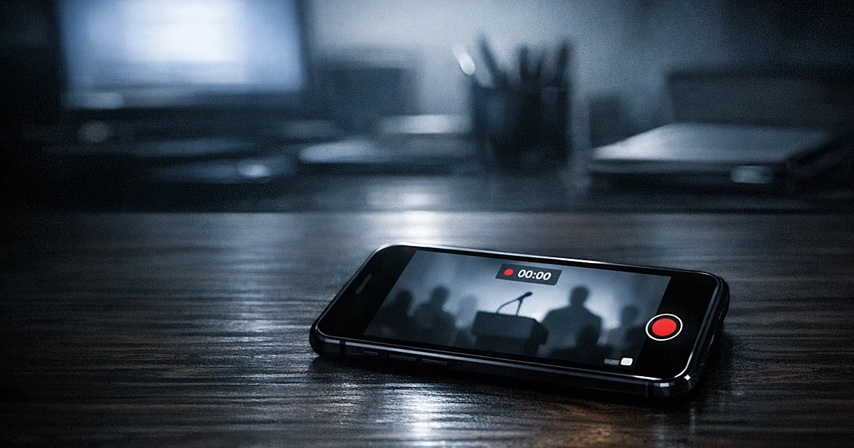 Smartphone on desk recording video with glowing screen in dark corporate office setting