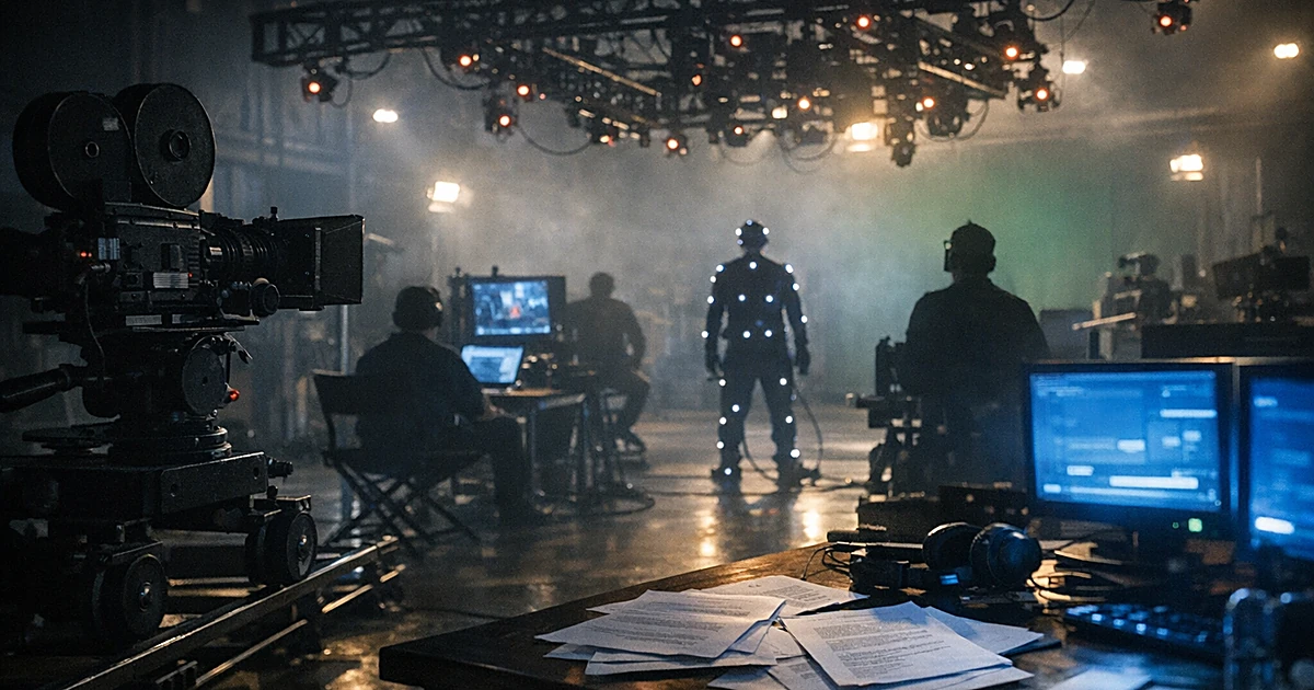 Motion capture studio with glowing sensors and film equipment showing intersection of traditional and AI filmmaking