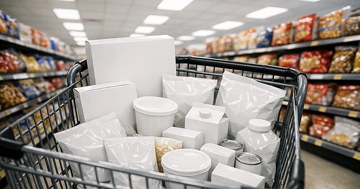 Shopping cart filled with plain white store-brand products in brightly lit grocery store aisle