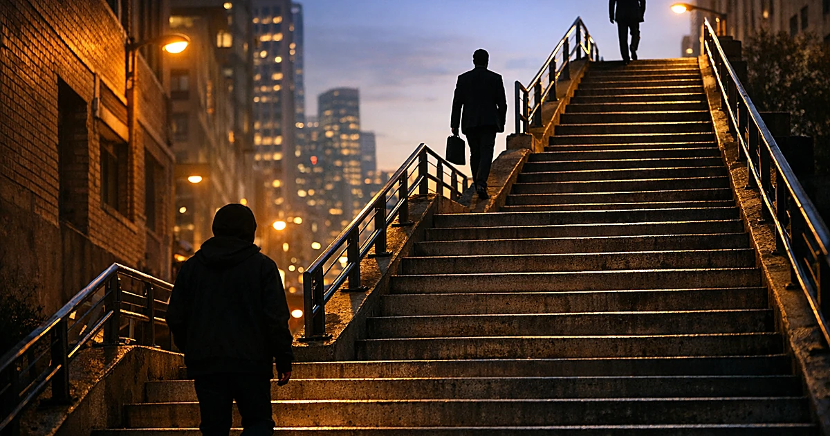 Three silhouetted figures positioned at different heights on a steep urban staircase at dusk