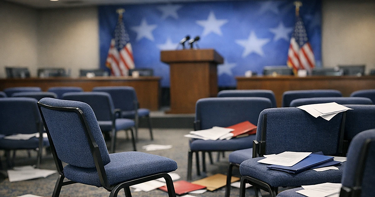 Empty Democratic party meeting room with scattered papers on chairs and one chair turned away from the group