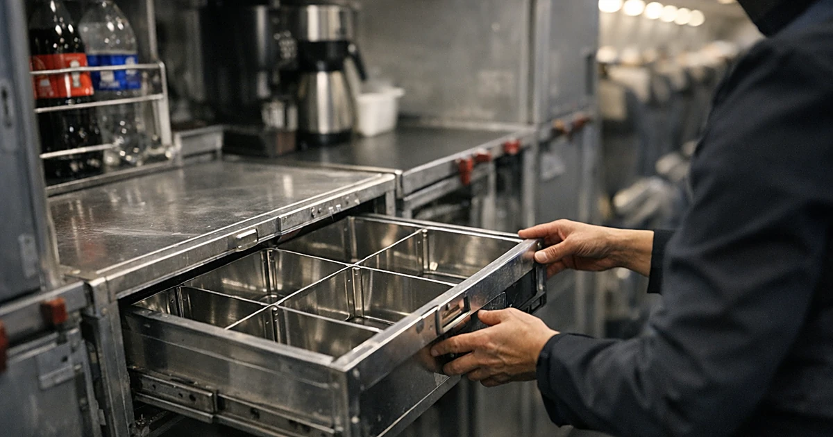 Empty airline beverage cart with flight attendant hands reaching toward vacant compartments inside aircraft cabin