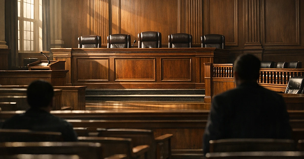 Empty federal courtroom interior showing judicial bench, witness stand, and gallery seating in afternoon light