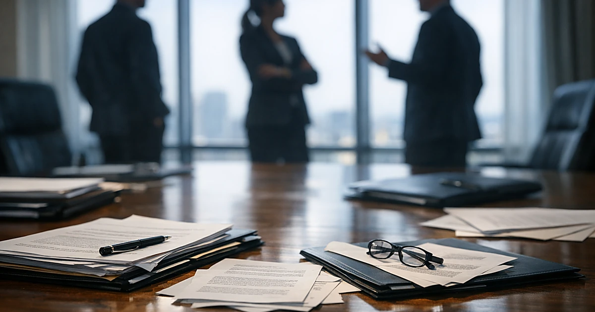 Corporate boardroom with employment documents on table and silhouetted business figures in background