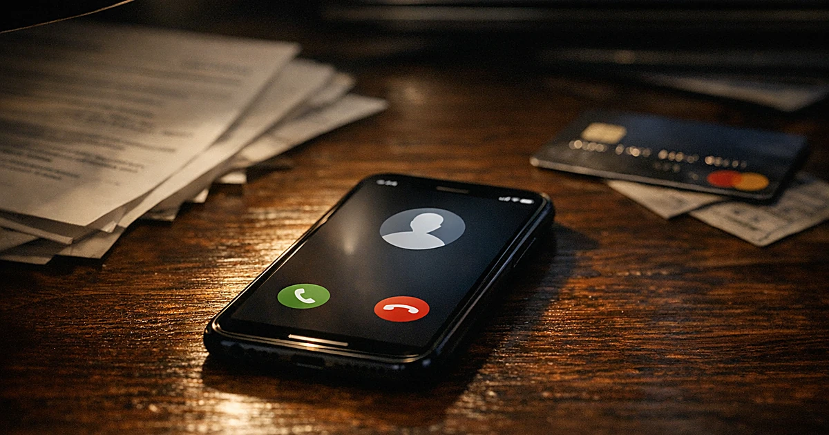 Smartphone with incoming call on desk with banking documents in background