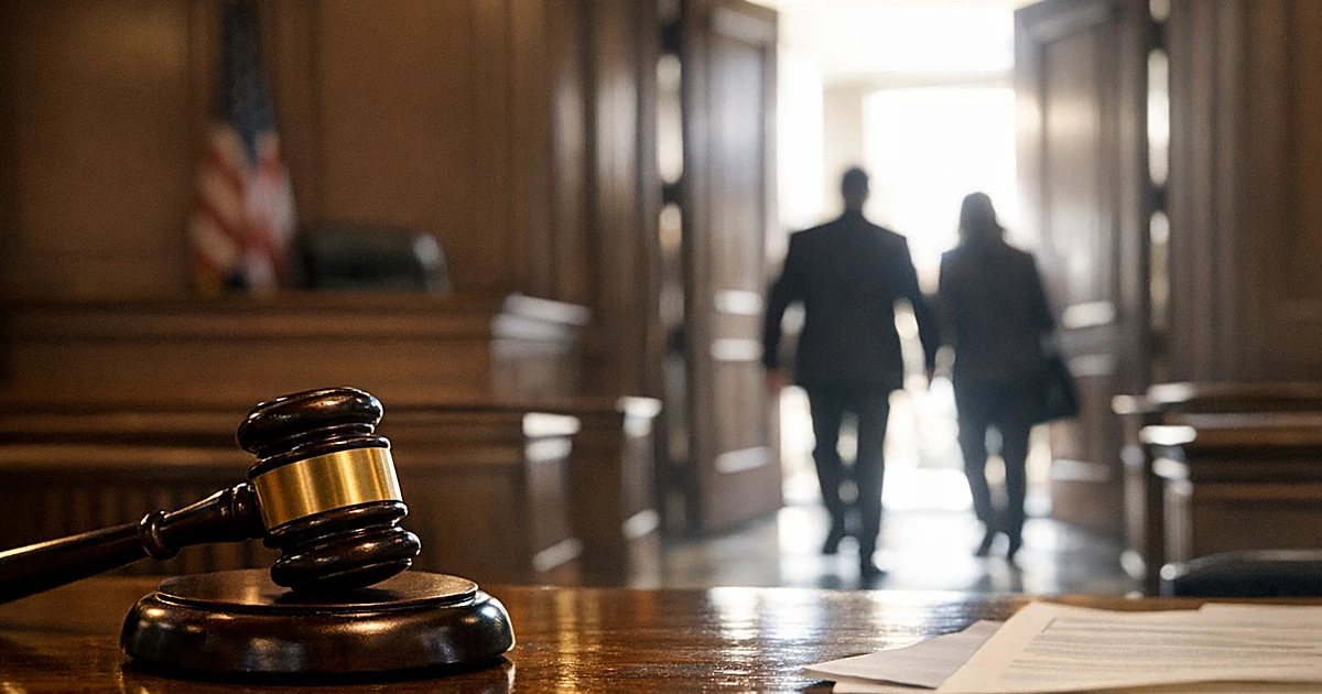 Federal courtroom interior with judge's bench and silhouetted figures exiting through backlit doorway
