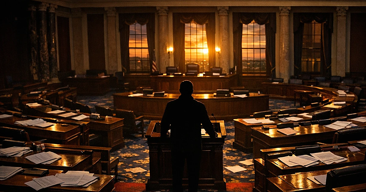 Empty legislative chamber at dusk with silhouetted figure at podium and scattered papers on desks