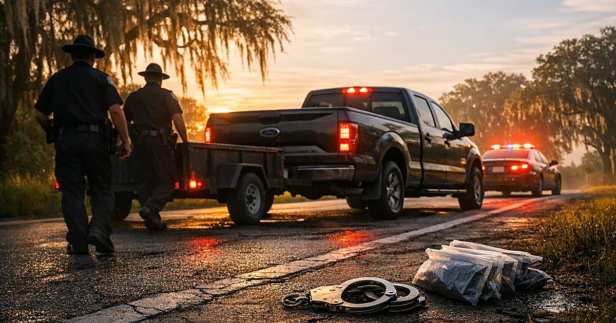 Pickup truck with utility trailer parked on rural Florida highway shoulder at dawn with hazard lights reflecting on pavement