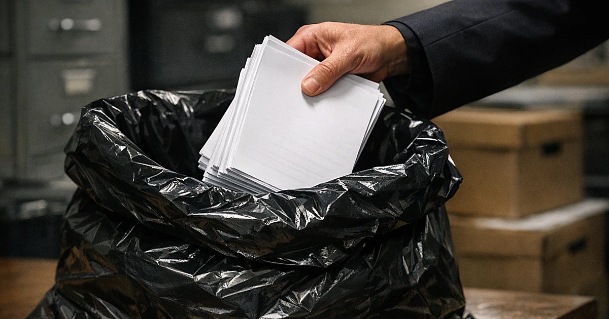 Silhouetted hand placing blank voter registration forms into black garbage bag on office table