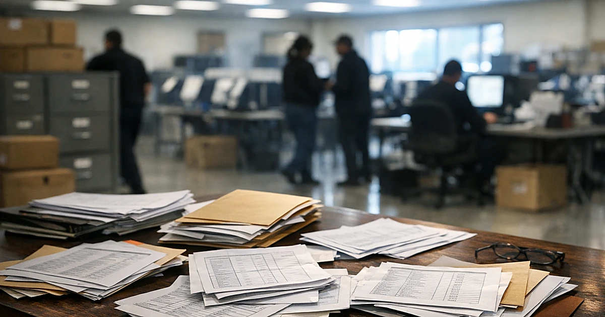 County election office with scattered personnel documents on table and silhouetted workers among filing cabinets