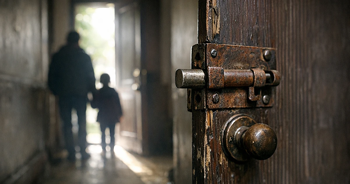 Heavy wooden door with deadbolt lock slightly ajar, light streaming through from outside in dark residential hallway