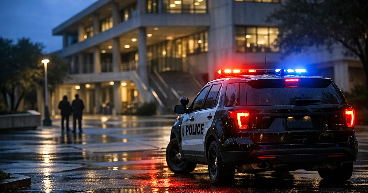 Police vehicle with emergency lights on wet pavement near university building at dusk